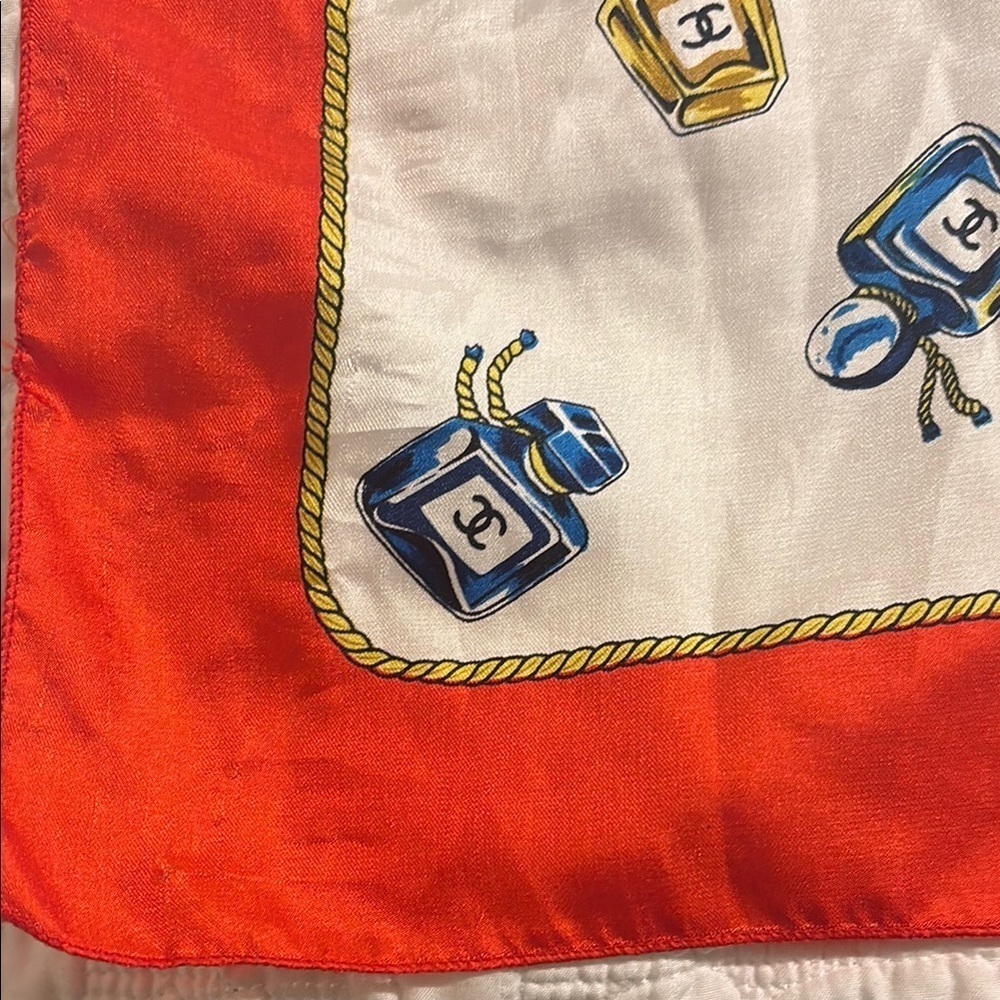 Vintage Chanel Red and White perfume bottle Patterned Scarf - Picture 2 of 6